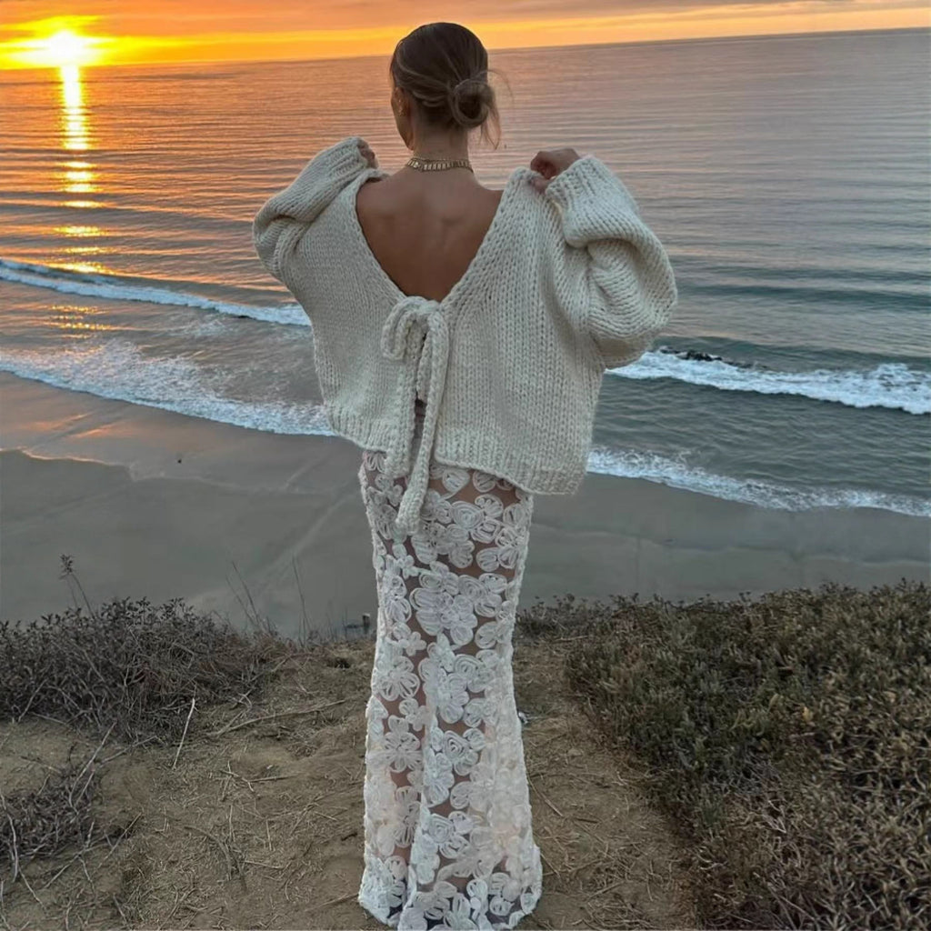 Cross-border Europe, America and 2025 new personalized short thick needle bow strap front and back two wear cardigan jacket sweater