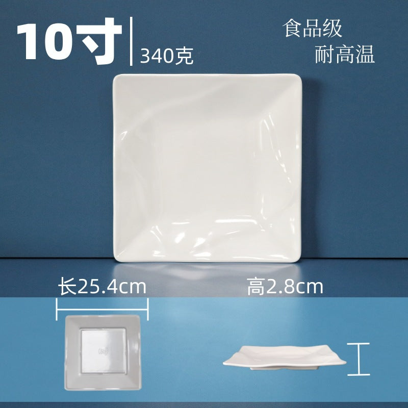 White square melamine dinnerware set - western style plates, fast food plates, covered fried rice/sauce dishes - wholesale for student cafeterias and dining halls