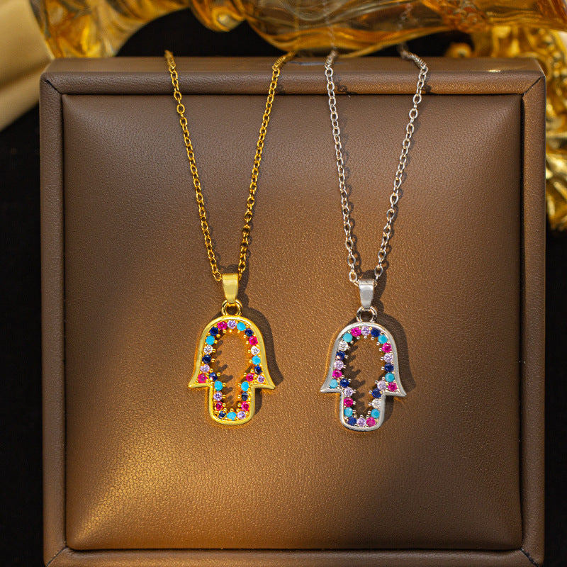 European and american cross-border titanium steel weight hand-set diamond necklace hot style color zircon pendant high-end personalized clavicle chain jewelry