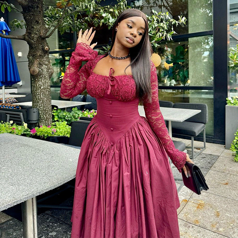European and american cross-border women's fashion:  summer new arrival - elegant square neck lace long sleeve cinched waist solid color midi dress