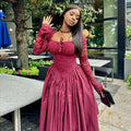 European and american cross-border women's fashion:  summer new arrival - elegant square neck lace long sleeve cinched waist solid color midi dress
