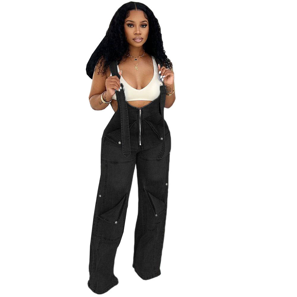 European and american style women's denim overalls -  cross-border women's summer streetwear casual zipper washed jumpsuit