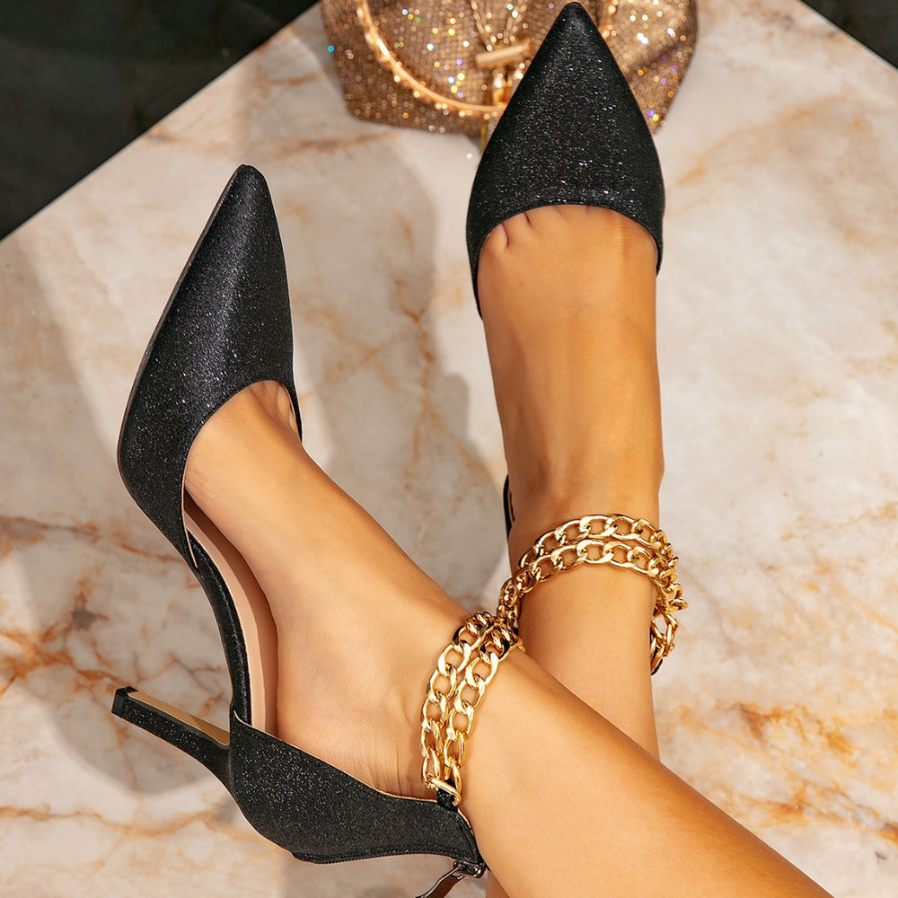 High-heeled sandals black fashion high-heeled women's shoes stiletto heel matching metal chain fashion pointed toe high-heeled sandals