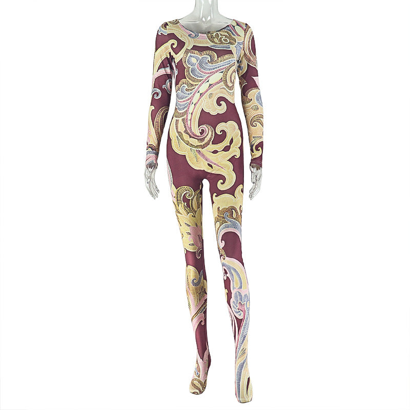European and american style cross-border new women's printed versatile fashionable comfortable jumpsuit slim fit long sleeve crew neck bodysuit trendy