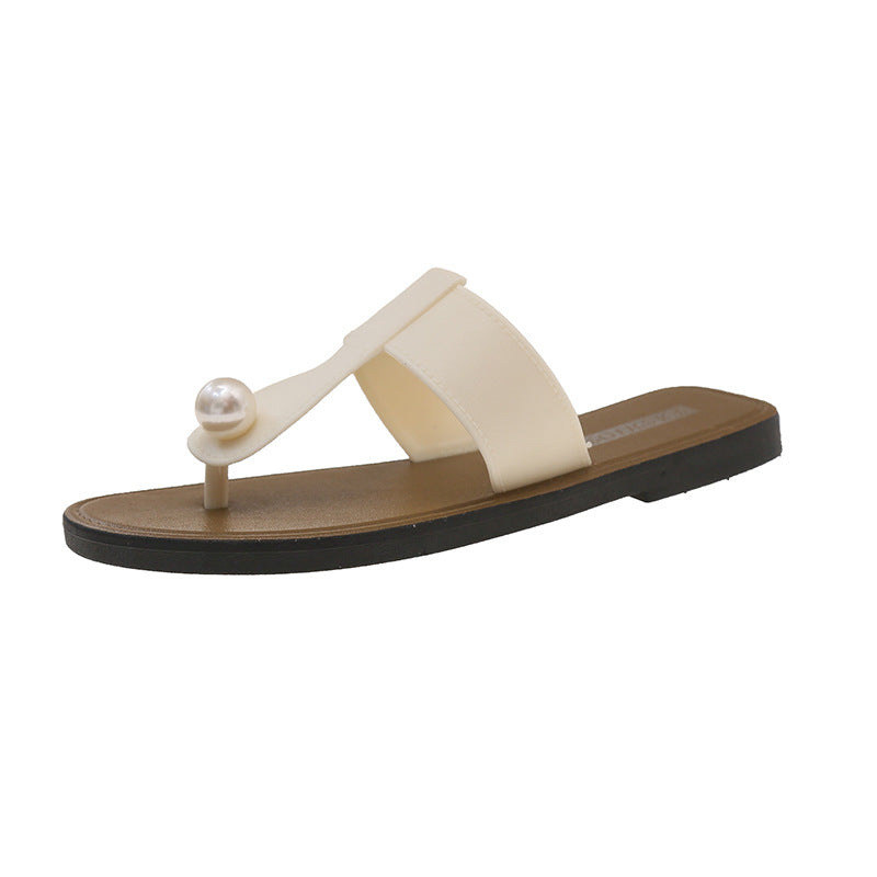 Women's flip-flops for outdoor wear, flat thong sandals, beach flip-flops with pearl embellishments, korean style, summer flat comfort