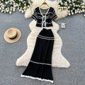Korean style commute outfit: women's summer knitted two-piece set - v-neck tie-up slim fit suit with white color block stripes
