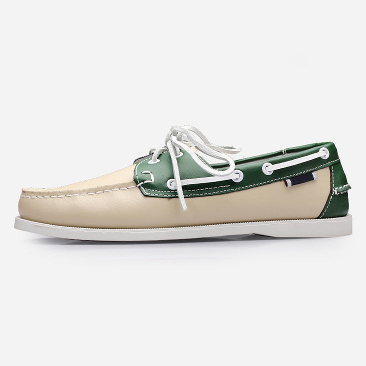 Men's leather casual shoes - handcrafted, low-cut, minimalist boat shoes in soft cowhide for business and driving, with front lace-up closure