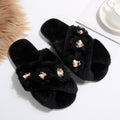 2025 new autumn fuzzy slippers for women - stylish floral design, indoor home use, flat cross-strap, warm plush cotton slippers