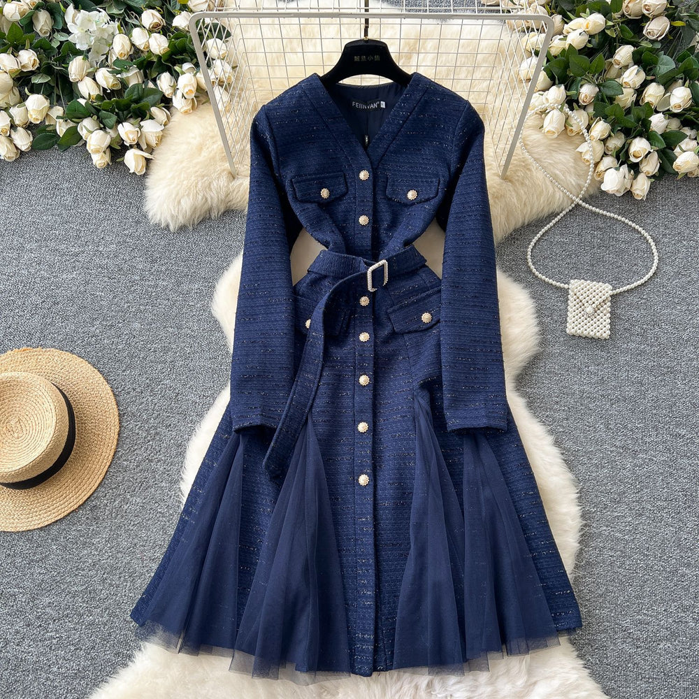 Frenchretro tweed stylev neck metal button waist dress women slimming lookelegant mesh patchworkelegance long skirt