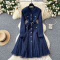 Frenchretro tweed stylev neck metal button waist dress women slimming lookelegant mesh patchworkelegance long skirt