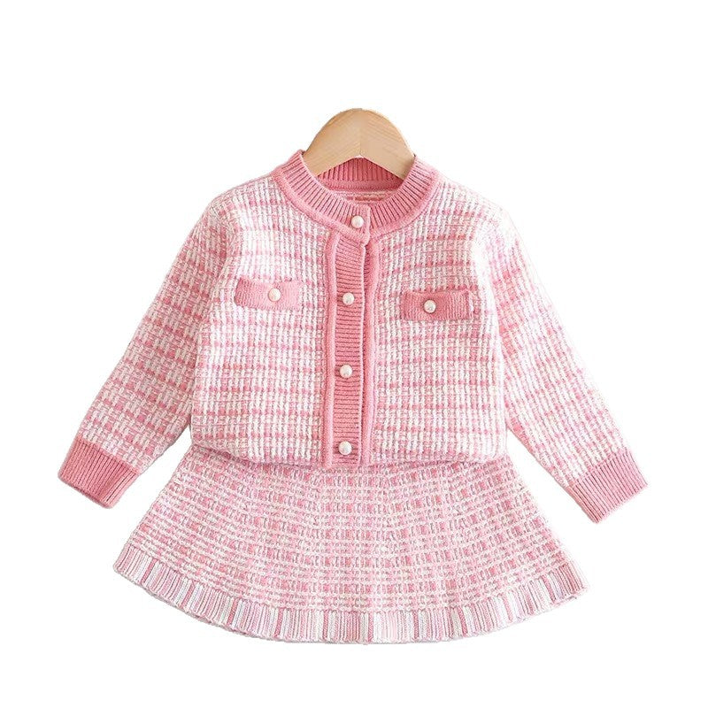 Special offer: girls' sweater set - new autumn/winter collection, chic chanel-inspired style, pink knitted two-piece outfit for kids