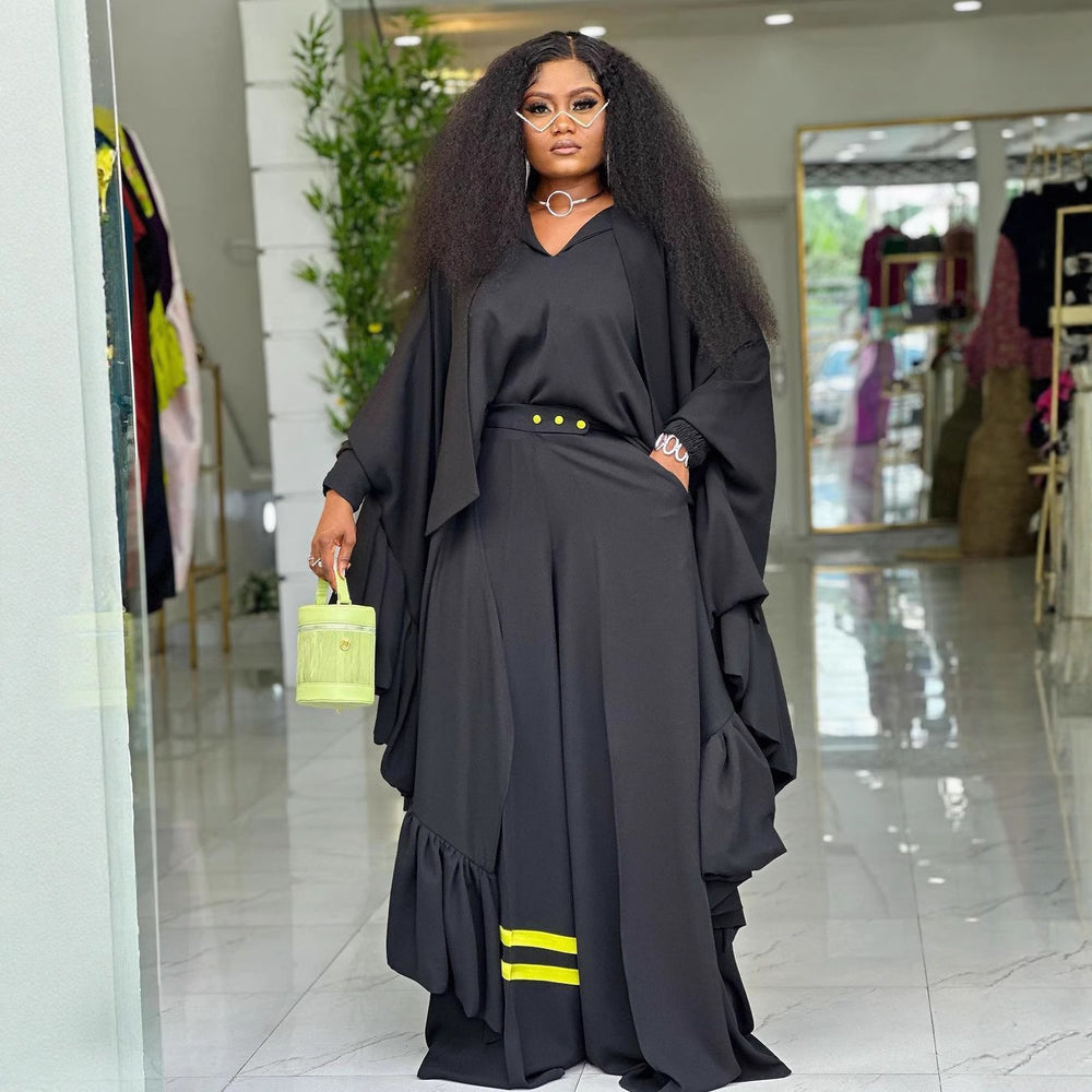 African-inspired loose fit batwing sleeve top and color block striped wide leg pants two-piece set