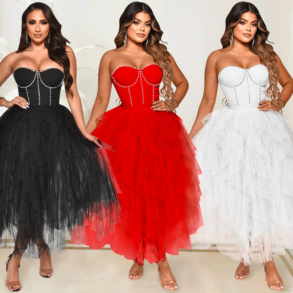X5709 new product   Europe and America fashion solid color hot diamond tube top fluffy mesh dress women's clothing