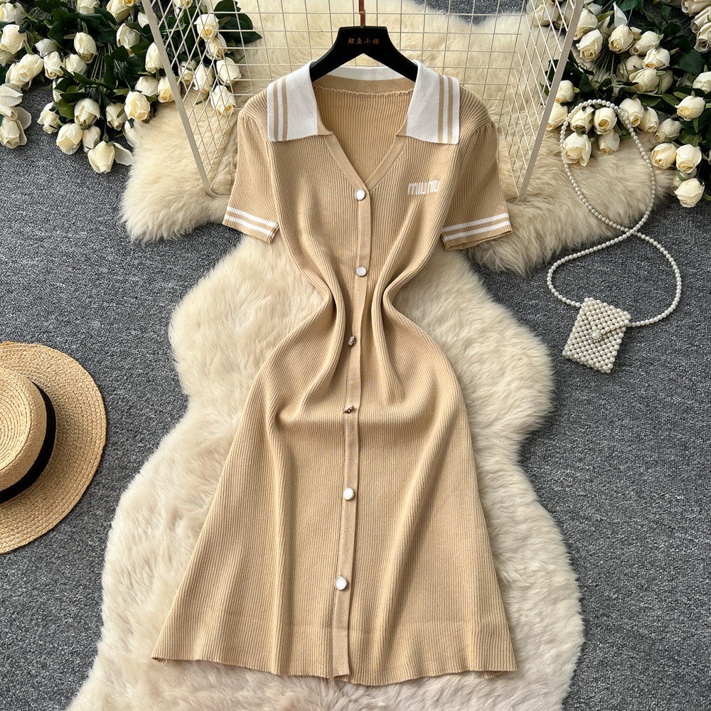 Korean style commute lapel short sleeve knitted dress - women's summer minimalist letter print waist-cinching slimming elegant a-line dress