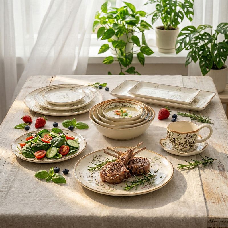European retro irregular ceramic bowl, plate, and dish set - stylish, high-value tableware for restaurants and home use, rustic farmhouse ceramic dinnerware set