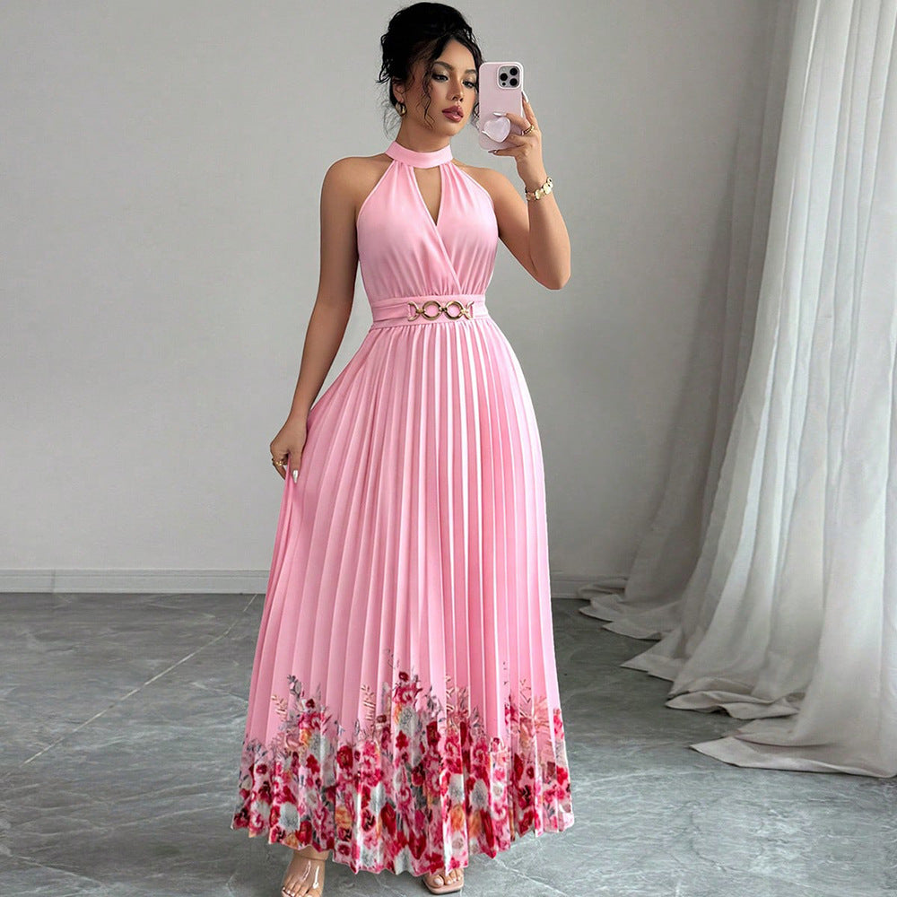European and american cross-border women's summer  elegant halter neck tie waist floral print pleated maxi swing dress