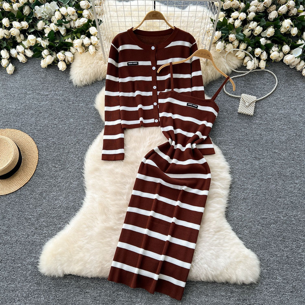Elegant two-piece set: figure-flattering knit cami dress + long-sleeve striped cardigan