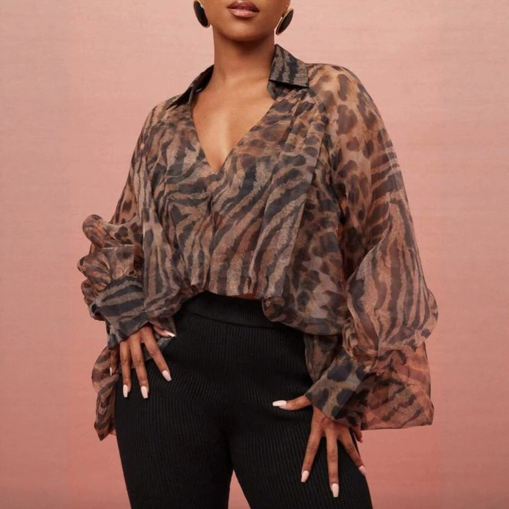 European and american cross-border women's fashion:  summer new arrival - leopard print v-neck lightweight loose long-sleeve shirt with a unique design