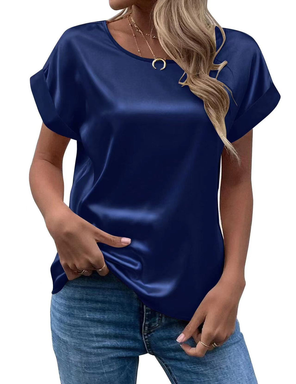 Women's short-sleeve satin blouse - relaxed fit, versatile crew neck, satin shirt - cross-border   new arrival