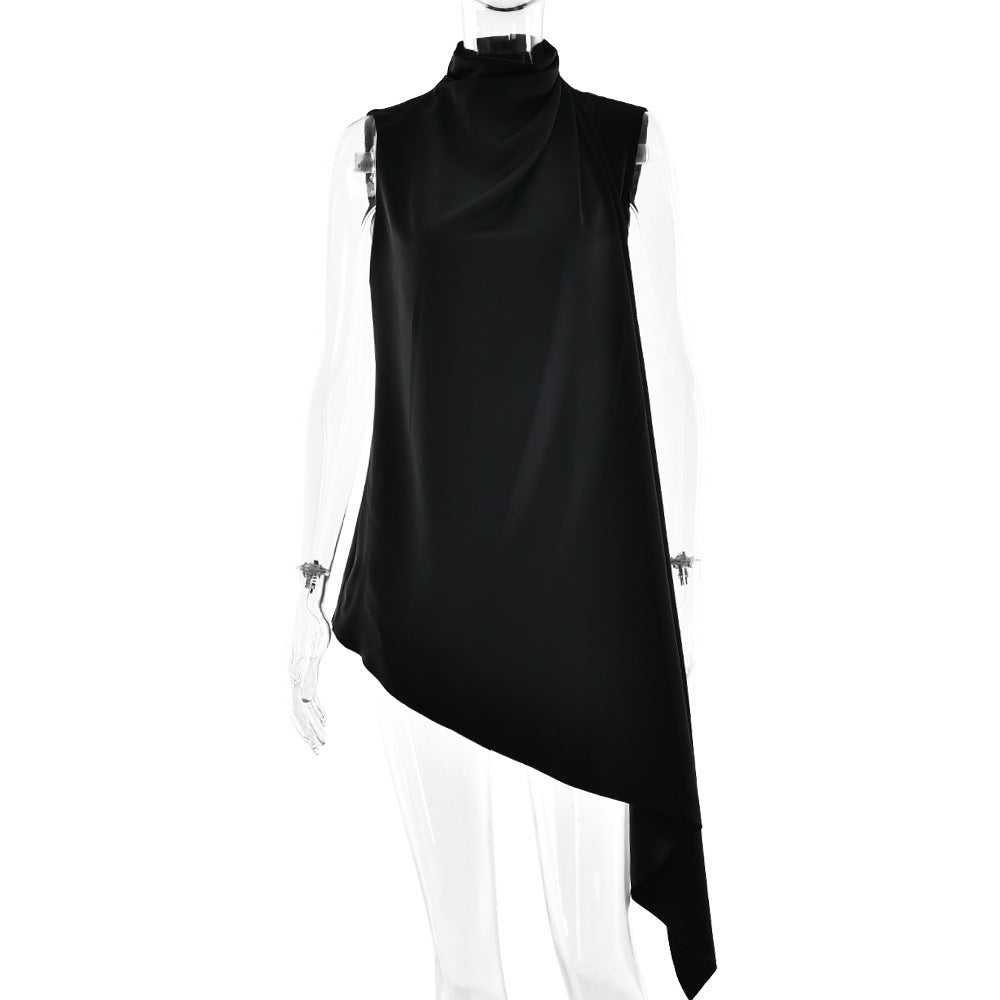 European and American  women's clothing new semi-turtleneck button-up sleeveless top design sense casual temperament irregular T-shirt women