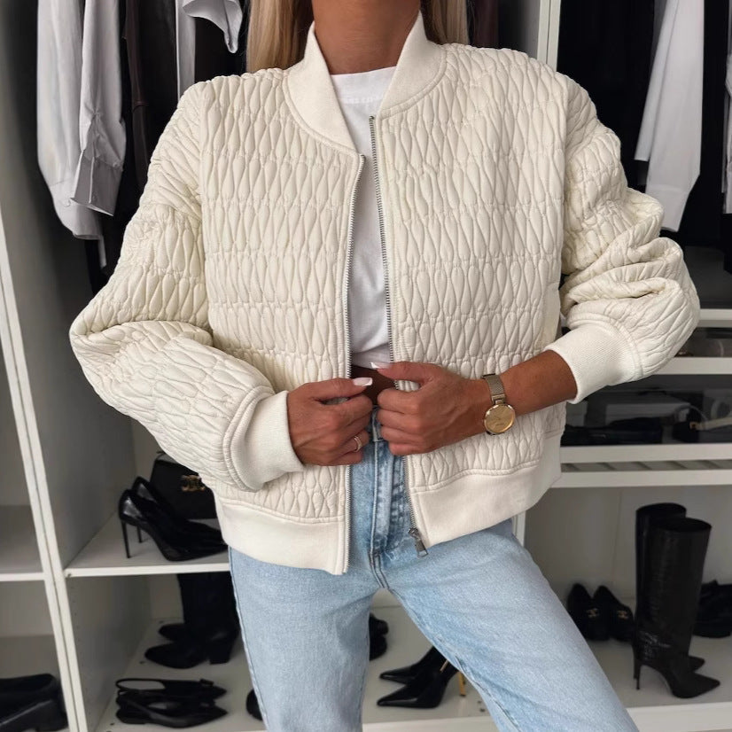 2024 autumn and winter new solid color embroidered short zipper jacket baseball jersey thickened cotton clothing women