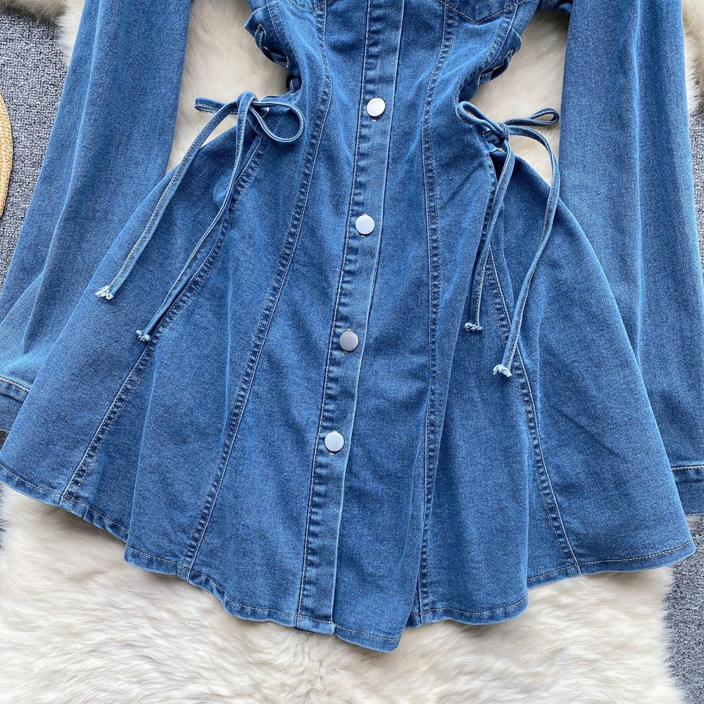 fashionfashion style retro denim skirt waist strap waist elegant buttoned silmshortdress