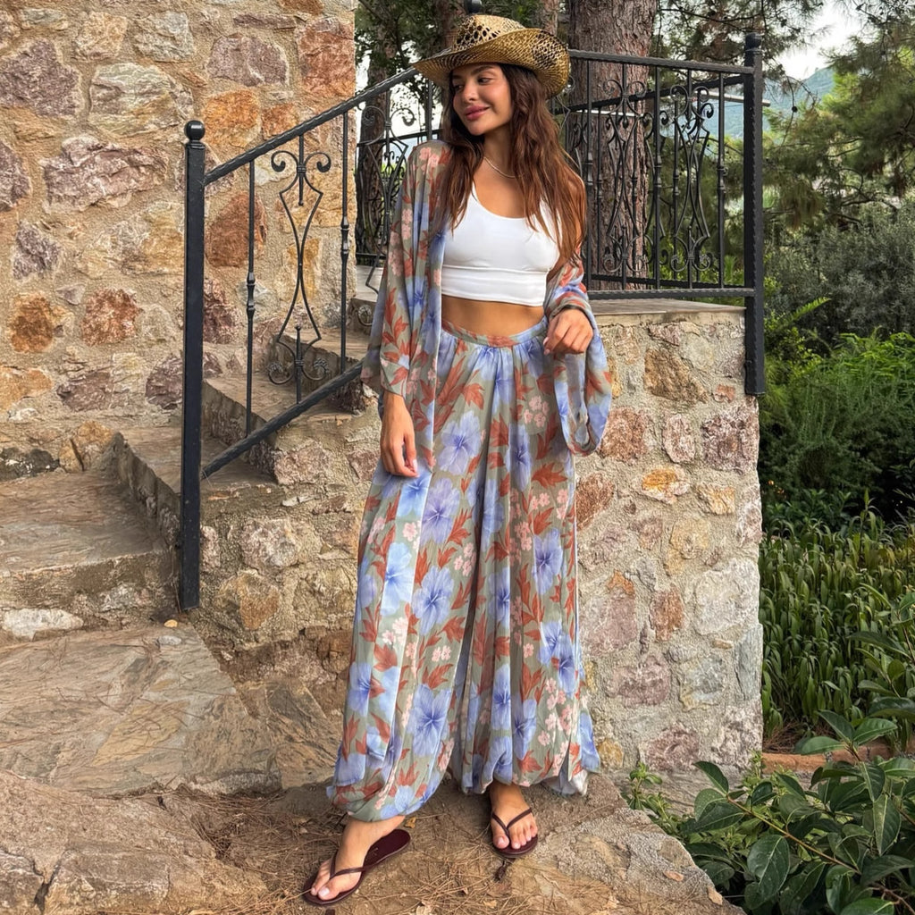 Cross-border European and American suit women's long-sleeved cardigan printed shirt wide-leg trousers  new holiday style two-piece set women