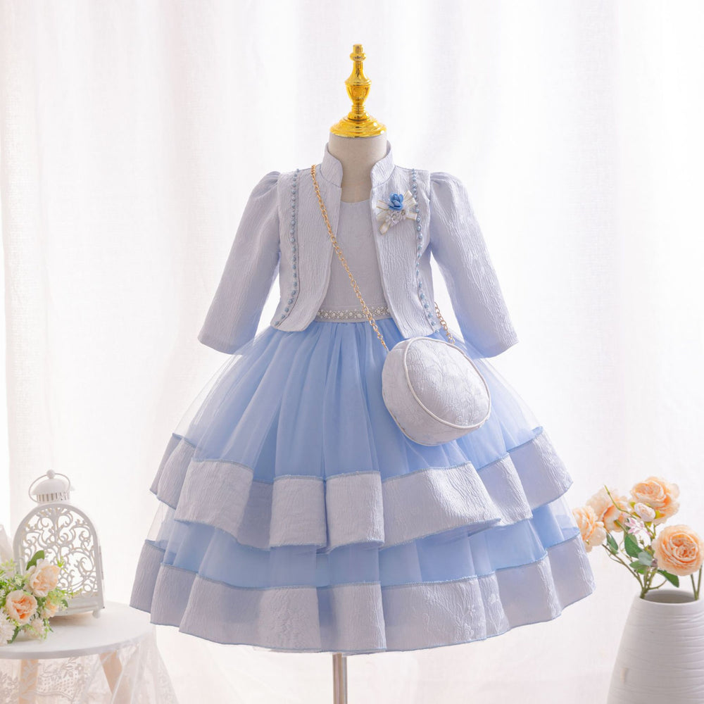 New three-piece children's formal dress set, featuring a beaded floral princess gown, perfect for little girls' piano recitals and flower girl outfits