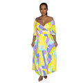 C6879 cross-border   fashion women's sexy printed backless pleated maxi dress