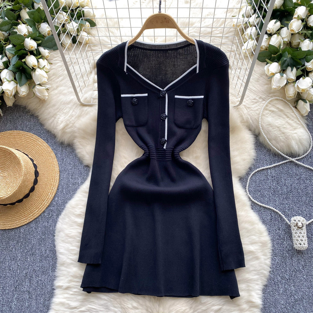 Luxury chic knit dress for women - autumn/winter, slimming waist design, unique and stylish, mature and elegant midi dress
