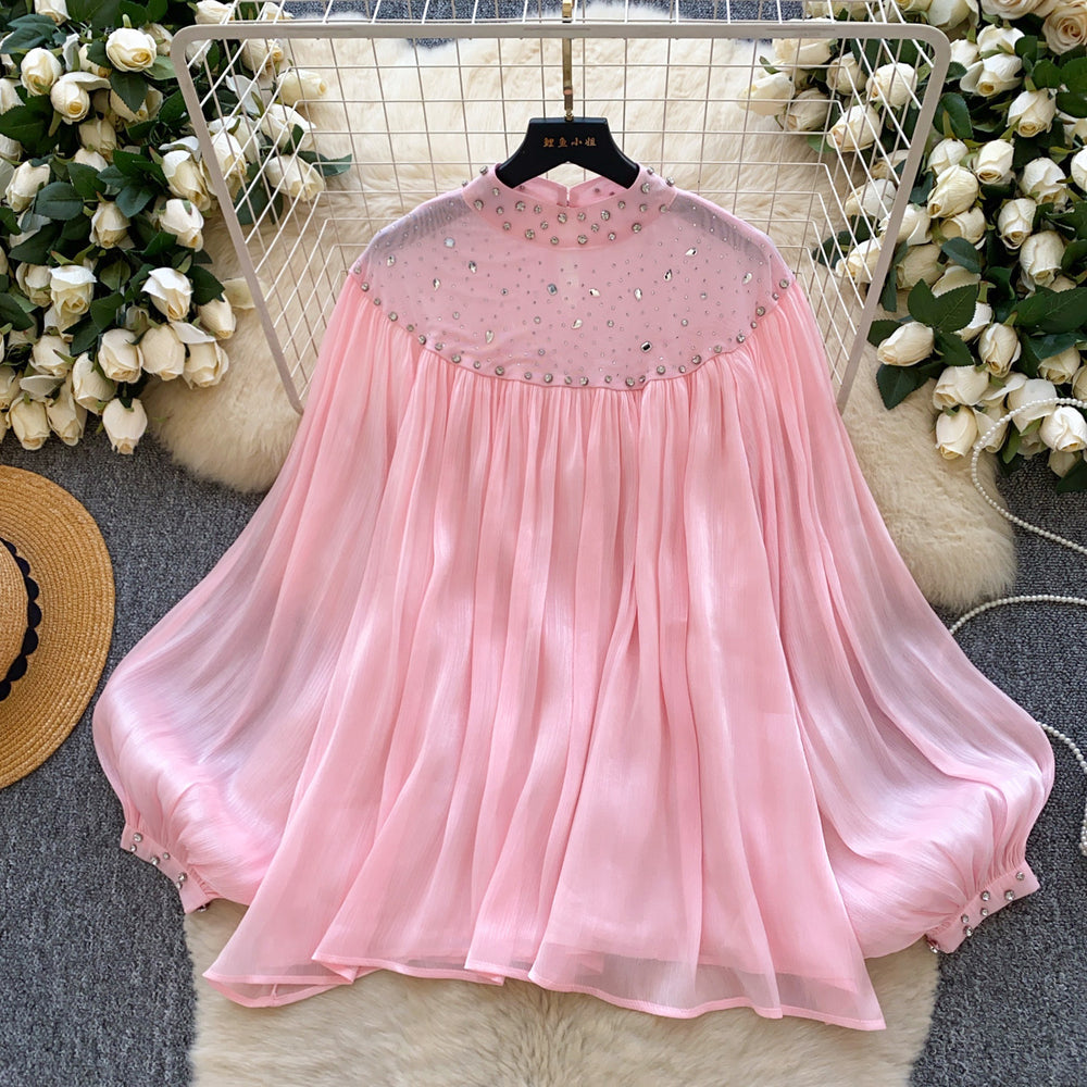 Palace style niche styleclassy heavy industry beading hot diamond lantern sleeve tassel mesh shirt women's loosecasualtops