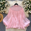 Palace style niche styleclassy heavy industry beading hot diamond lantern sleeve tassel mesh shirt women's loosecasualtops