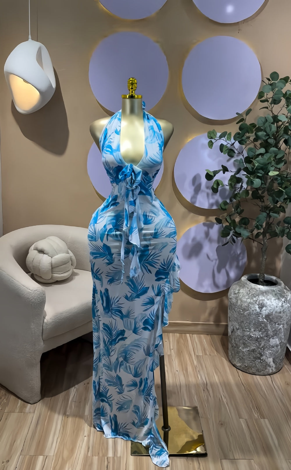 European and american cross-border women's sleeveless halter neck v-neck floral ruffle trim maxi dress - winter/spring  collection