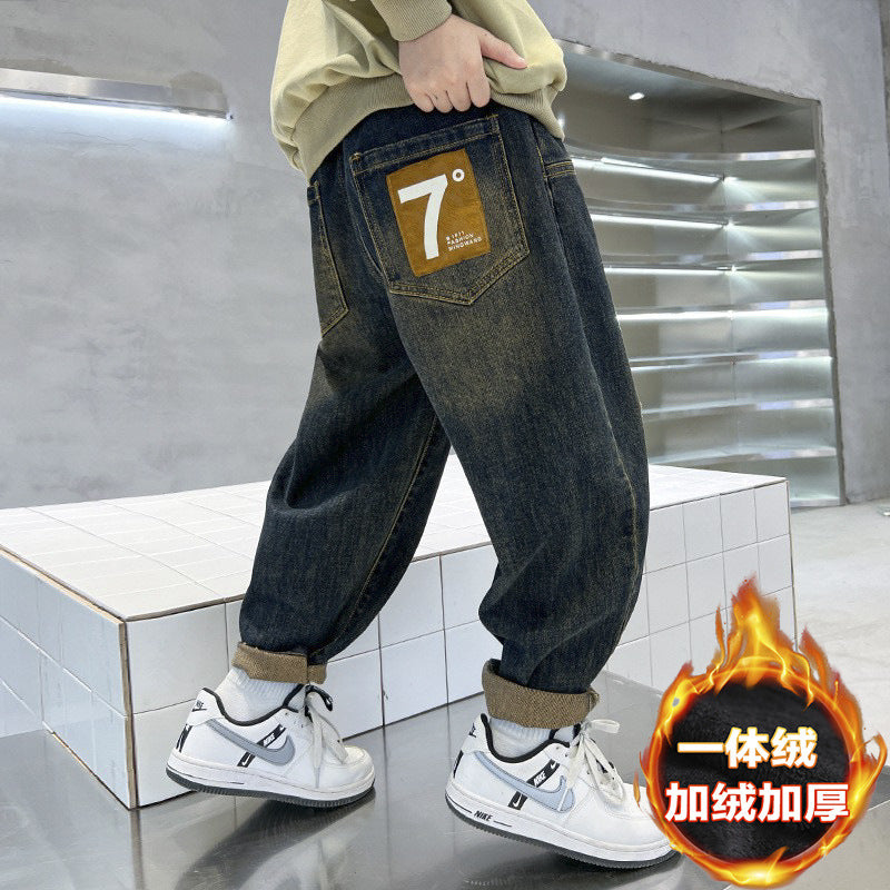 Boys' fleece-lined jeans: new spring/autumn collection - stylish kids' pants, dad jeans for older boys, versatile trousers for mid-to-large children