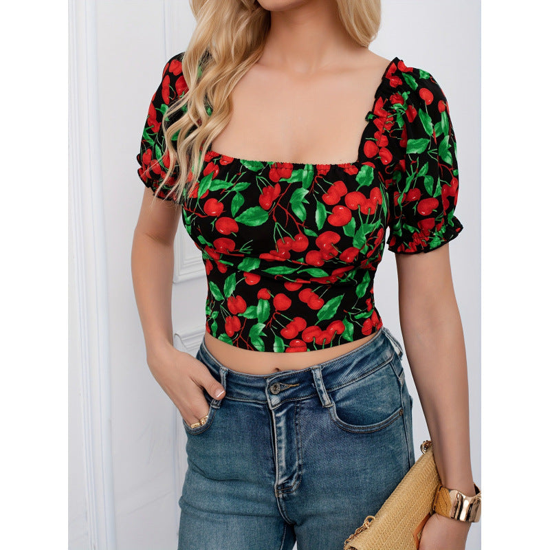 cross-border listing:  new fashion floral square neck elegant vacation top
