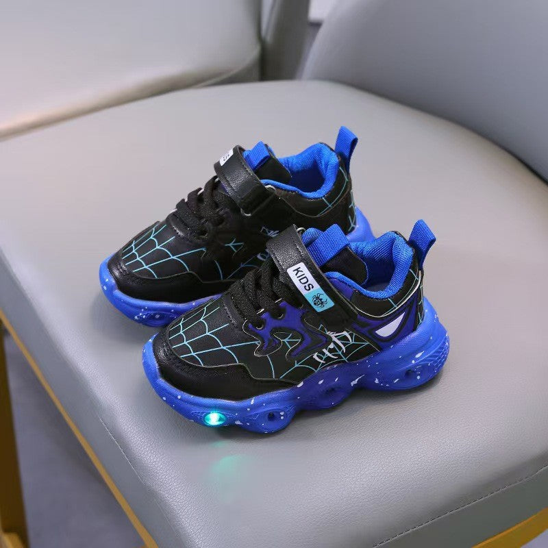 Spring/autumn new korean style leather spider-man led light-up shoes for boys, ages 1-6, athletic casual sneakers