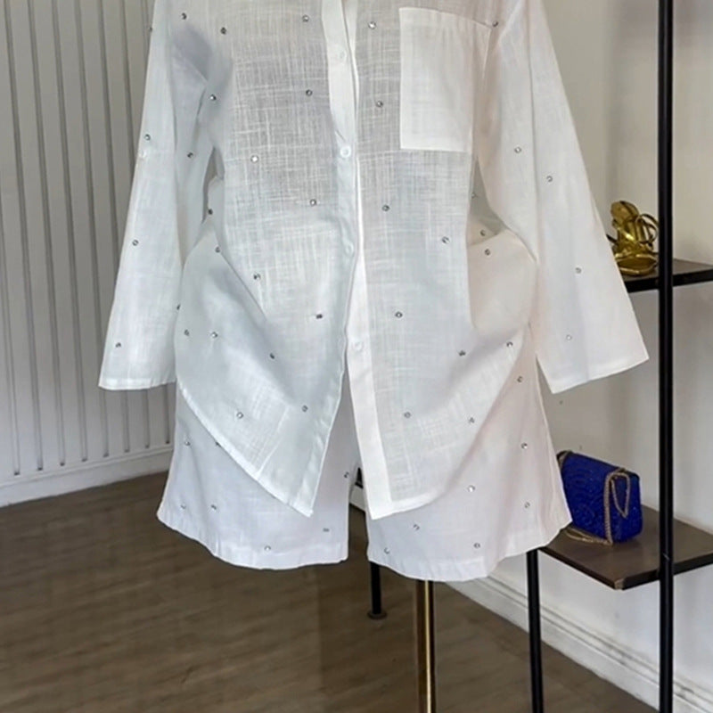 European and american cross-border women's fashion:  summer new collection - stylish lapel, three-quarter sleeve, beaded blouse and wide-leg shorts set