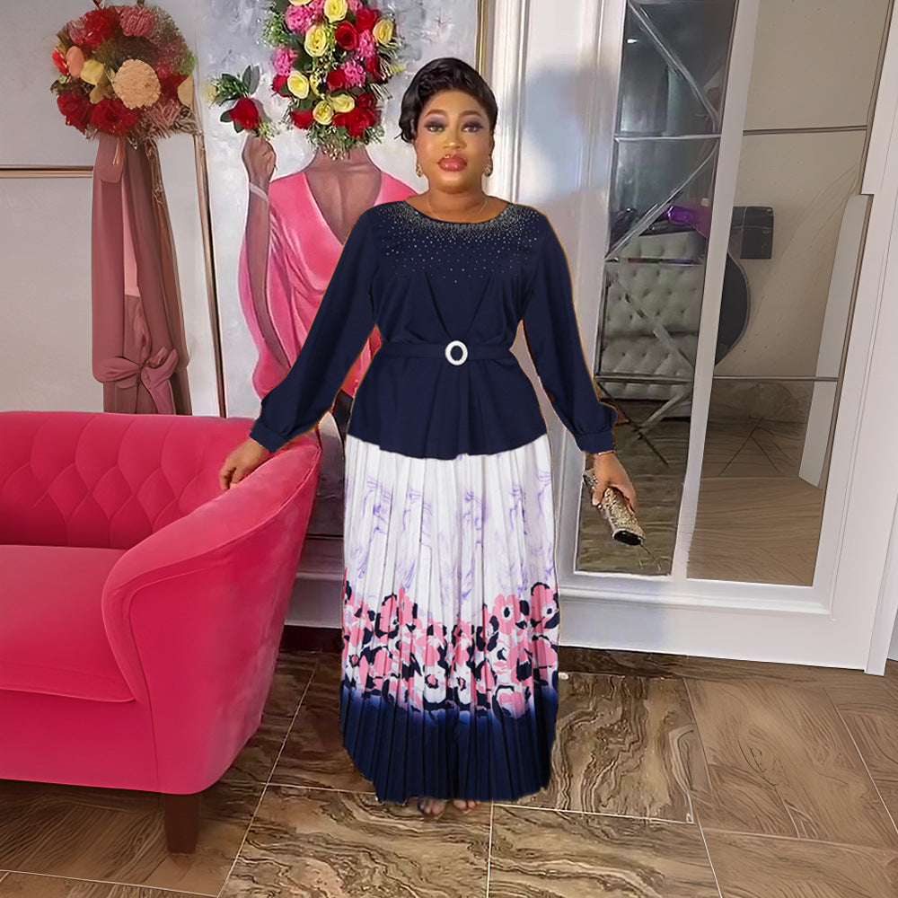 Aliexpress elegant commute top & skirt set - pleated skirt, african women's plus size printed dress