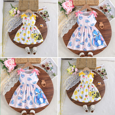girls' tank dress, kids' summer sleeveless dress, baby cartoon print casual dress