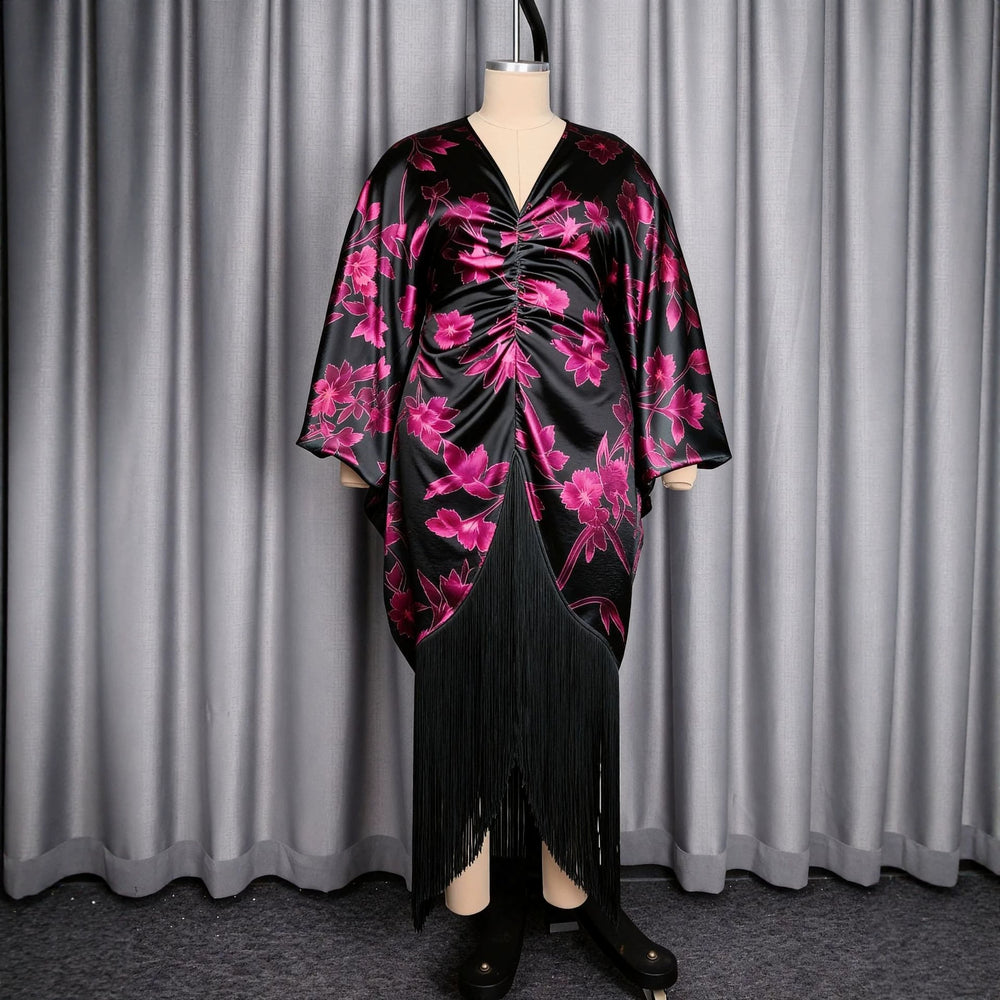 African new print batwing sleeve v-neck dress - printed drawstring waist tassel maxi dress bubudress