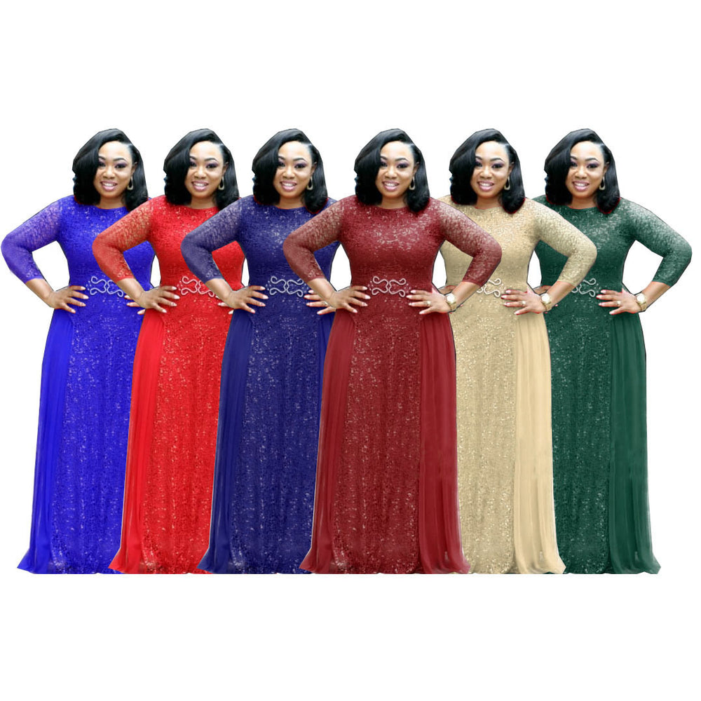 supply lace sequin round neck mid-sleeve everyday dress evening party maxi dress african hot-selling women's clothing