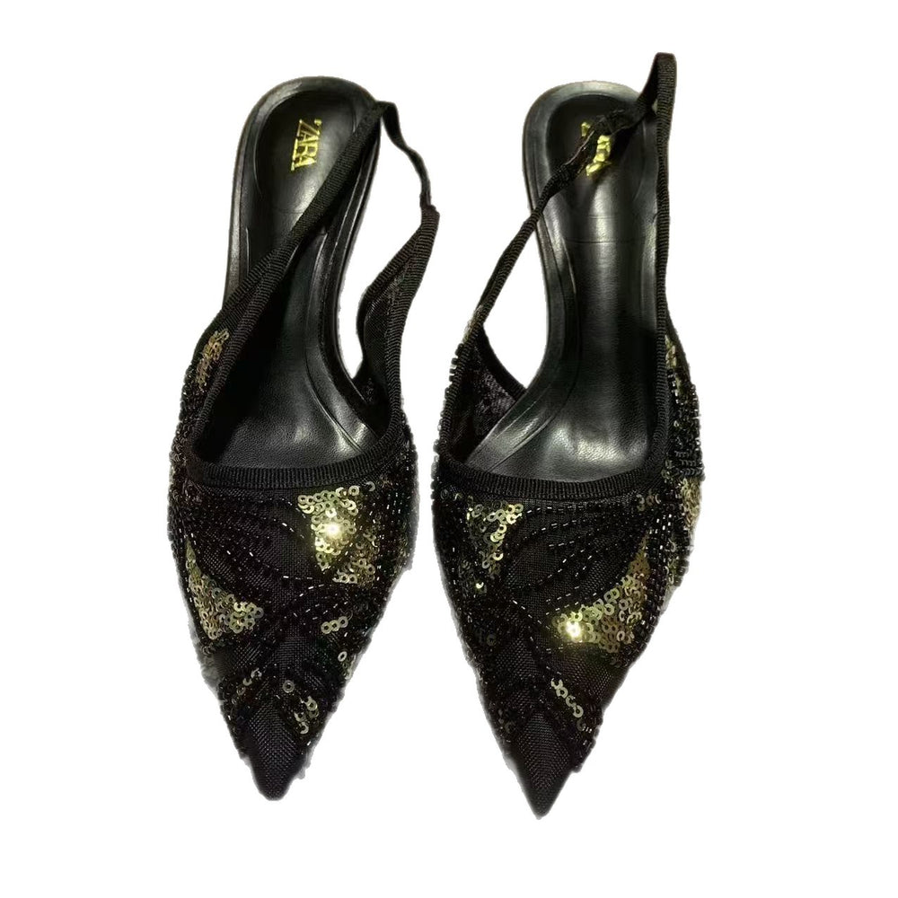 Za's 2025 new women's low-heel elegant court shoes, black and gold sequined closed-toe pumps with back strap