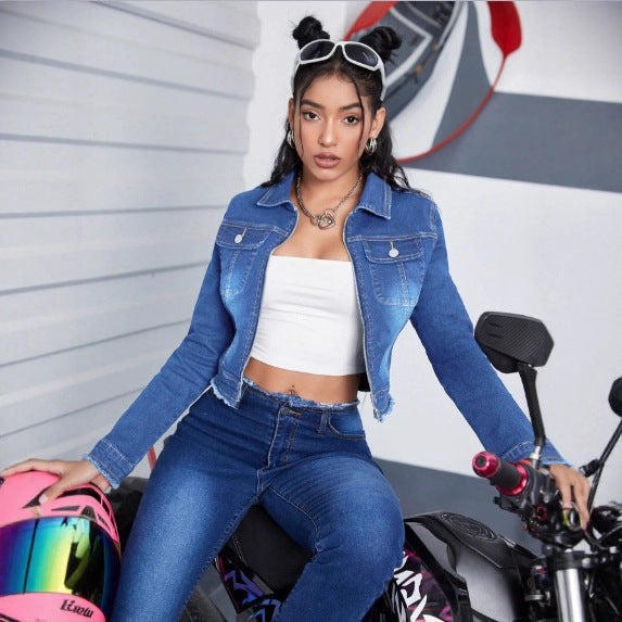 TC70153 Independent Station  Cross-border Foreign Trade Europe and America Slim Denim Jacket Women's Long Sleeve Jacket Top