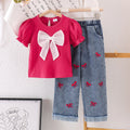 european and american girls' rose red short-sleeved tops + blue trousers two-piece set