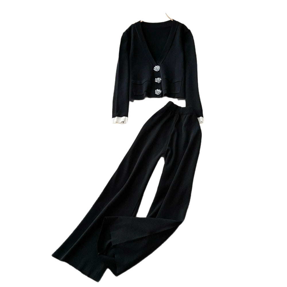 Premium heavy-duty metal buckle v-neck long sleeve knit top for women,  autumn/winter high-waisted slimming casual wide-leg pants