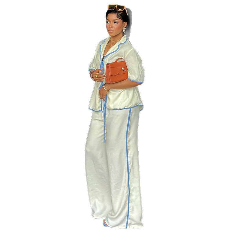 European and american cross-border women's fashion:  autumn new collection - stylish lapel color block loose tie-top and wide-leg pants set