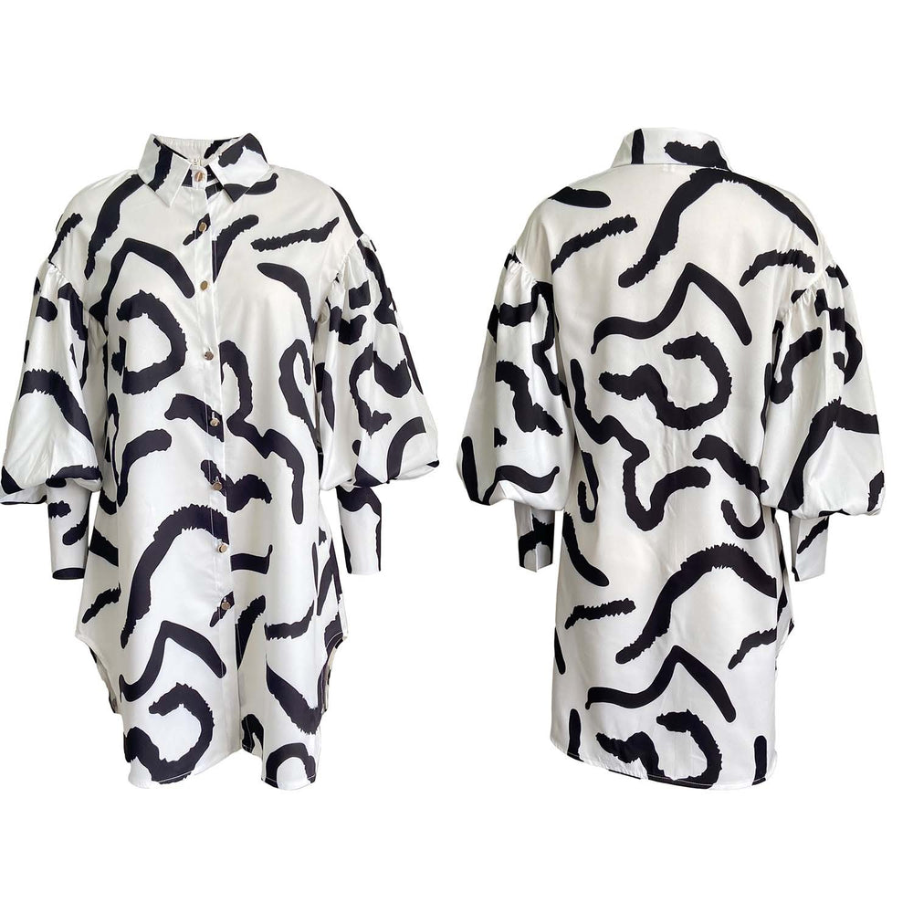 European and american    new women's elegant loose-fit printed fashion shirt dress - cross-border dress