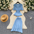 French work clothing style pink knittingtwo-piece set female summercasualv neck waist rufflesfashionelegantsuit
