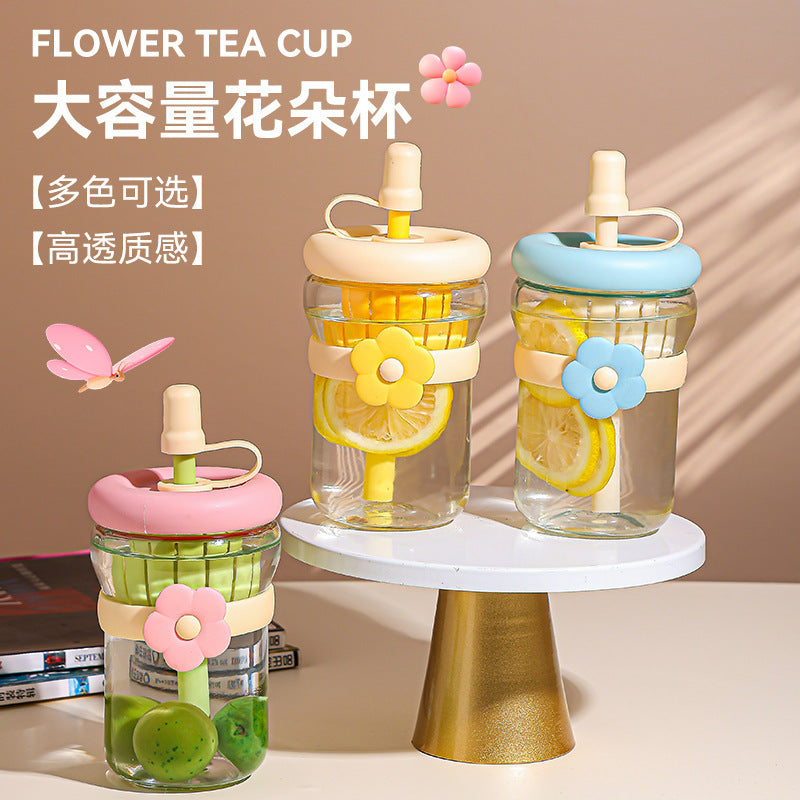 Drop shipping free shipping flower glass cup with lid and straw ins large capacity tea water separation tea cup ins feng shui cup