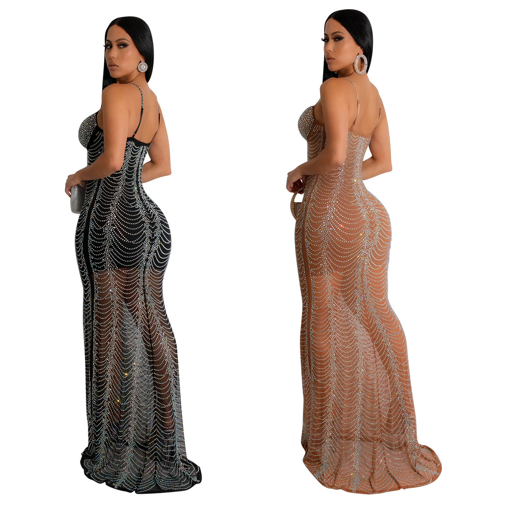 C6841 cross-border   fashion women's solid color mesh rhinestone camisole maxi dress